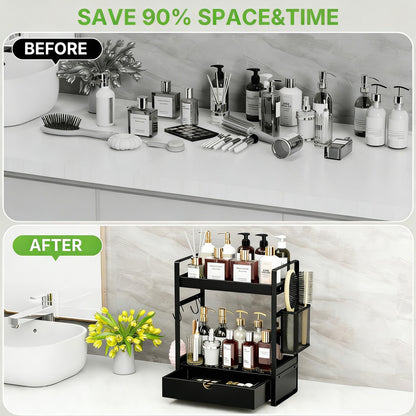 2-Tier Bathroom Counter Organizer with Drawer Basket and Hooks, Wood Bathroom Organizers and Storage for countertop, Farmhouse Black Countertop Organizer, Counter Shelf for Vanity, Kitchen, Office