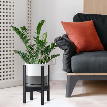 D'vine Dev Ceramic Planter with Ebony Stand - 8 Inch Modern Round Flower Pot with Wood Planter Holder, White/Grey, 55-B-M-6
