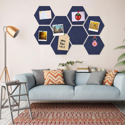 8 Packs Navy Blue Hexagon Felt Pin Board, 12" Bulletin Board with 30 Push Pins, Felt Board for Home Kitchen Office Decor, Self-Adhesive Corkboard Tiles for Walls Message Photos Memos Display