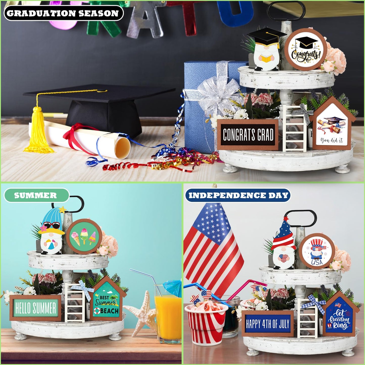 Lineshading 65 Pcs Interchangeable Seasonal Tiered Tray Decor Set Patriotic Farmhouse Summer Tiered Decorations Holiday Rustic Wooden Frames Arch Ladders Cards Bow Knot for Home Kitchen Table Decor