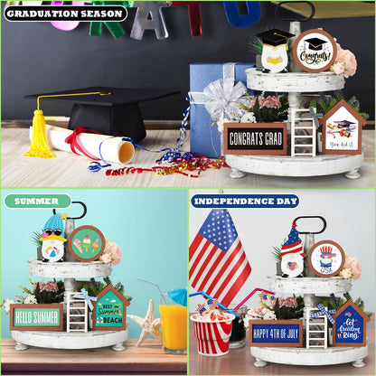 Lineshading 65 Pcs Interchangeable Seasonal Tiered Tray Decor Set Patriotic Farmhouse Summer Tiered Decorations Holiday Rustic Wooden Frames Arch Ladders Cards Bow Knot for Home Kitchen Table Decor