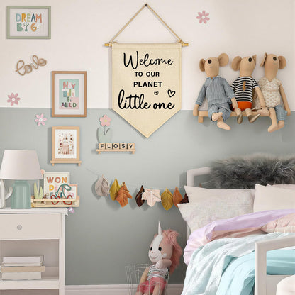 Baby Arrival Gift-Welcome to Our Planet Hello World- Canvas Hanging Pennant Flag Banner Wall Sign Decor Gifts for Nursery Baby Kids Girl Boy Teen Bedroom Playroom Decor- Birthday Christmas Presents