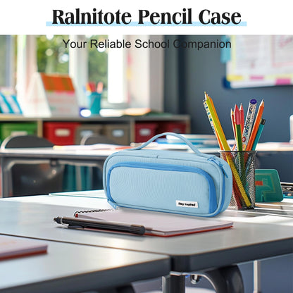 Ralnitote Large Pencil Case for Girls and Boys, Aesthetic Pencil Case Organizer with Handle, Cute Pencil Pouch for School & Office Supplies-Blue