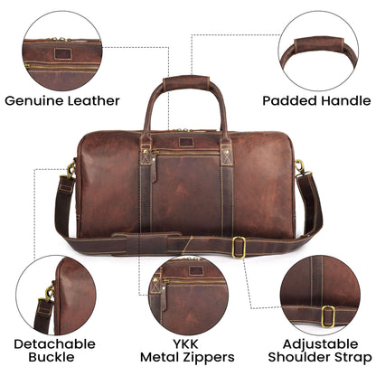 Genuine Leather Duffle Bag for Men & Women – Stylish Travel Weekender Bag with Shoulder Strap – Overnight, Gym, or Carry-On Luggage Bag - Mulburry Brown