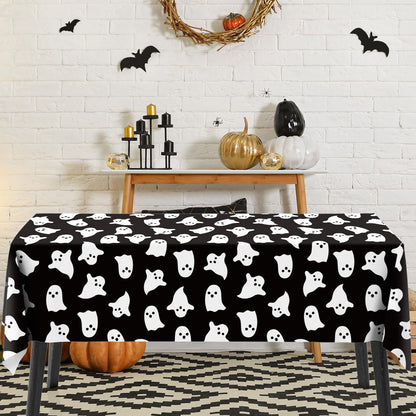 JarThenaAMCS 8 Pcs Halloween Plastic Tablecloths White Black Ghost Disposable Table Cover Spooky Rectangle Table Cloth for Trick or Treat Party Decor, 54 x 108 Inch