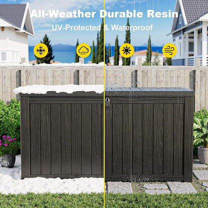 ROJIK 180 Gallon Outdoor Storage Box Waterproof-Patio Furniture Resin Deck Box, Garden Tools, Cushions, Pool Accessories Storage Bench with Lockable Lid and Side Handles (Black, 180 Gal)