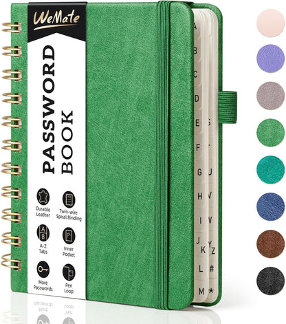 WEMATE Password Book with Alphabetical Tabs, Spiral Password Keeper Book for Seniors, Internet Password Notebook Password Journal Logbook Log in Detail, Small – 4.7''x 6'' (Grass Green)