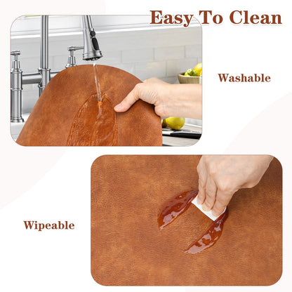 Pixieora Oval Placemats and Coasters Set of 6, Washable Reversible Faux Leather Placemats Cowhide Pattern Place Mats Wipeable Non-Slip 12 x 17 inch Kitchen Dining Table Mats (Gray Brown, 6)
