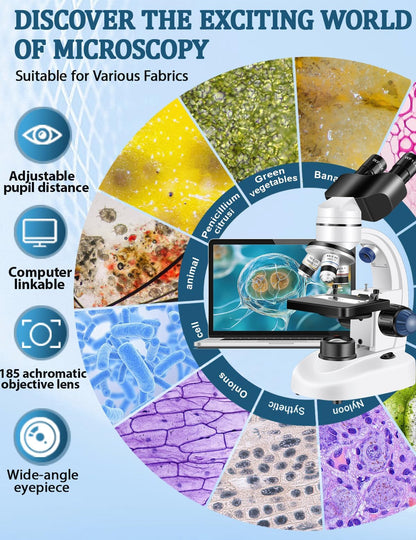 Woehrsh Microscope for Adults WF10x and WF25x eyepieces, 40X-2000X Magnification USB Camera, Microscope for Adults Suitable for Laboratory School Home Education（White Microscope）