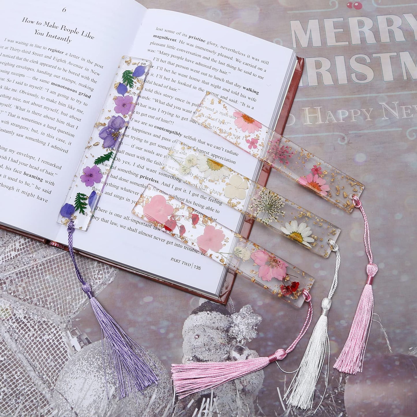 Dried Flower Bookmarks with Tassels, Kaluofan 4PCS Bookmarks for Women, Durable Handmade Dried Flower Resin Bookmarks, Pretty and Increase Reading Interest, (FB04)