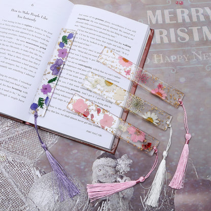 Dried Flower Bookmarks with Tassels, Kaluofan 4PCS Bookmarks for Women, Durable Handmade Dried Flower Resin Bookmarks, Pretty and Increase Reading Interest, (FB04)