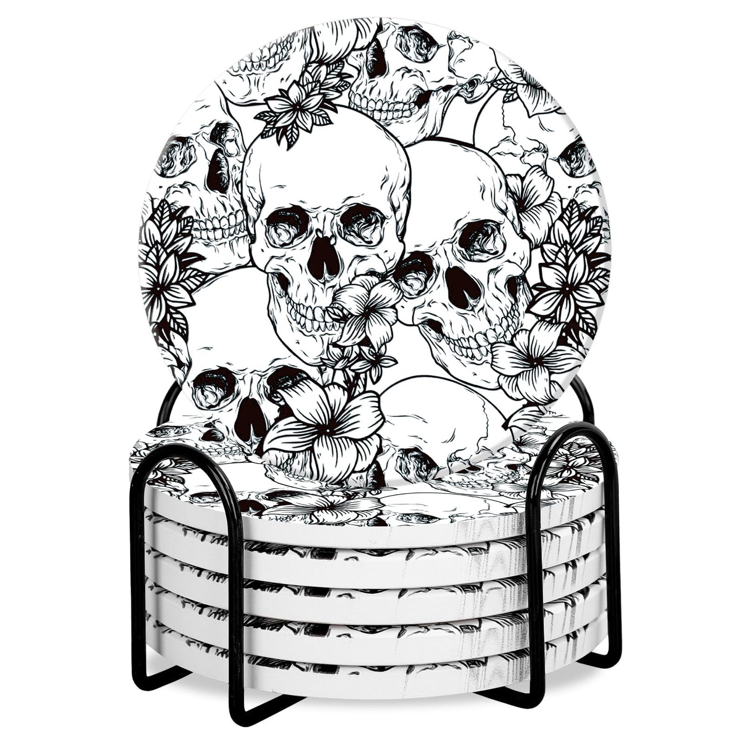 Whaline 6Pcs Halloween Ceramic Coasters with Iron Holder Skull Floral Drink Coasters Absorbent Cup Mat for Mug Cup Home Kitchen Party Table Decor