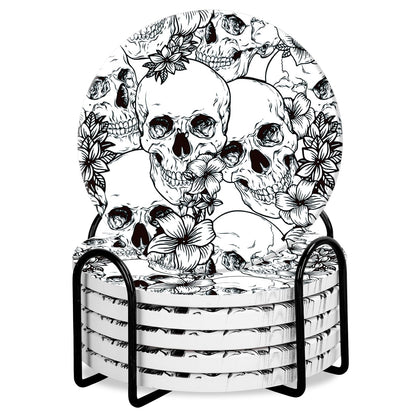 Whaline 6Pcs Halloween Ceramic Coasters with Iron Holder Skull Floral Drink Coasters Absorbent Cup Mat for Mug Cup Home Kitchen Party Table Decor