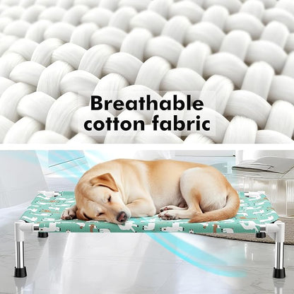 Cute Alpaca Print Elevated Dog Bed - Portable Cooling Pet Cot for Medium Dogs - Breathable Thickened Fabric Hammock, Crate Compatible, Indoor & Outdoor Use