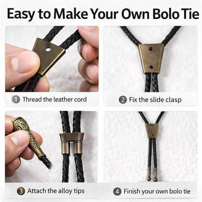 VTOS 3 Sets Bolo Tie Findings Kits with Iron Slide Clasp Buckle, Alloy Replacement End Tips, and Braided Necktie Leather Cord for Men Women