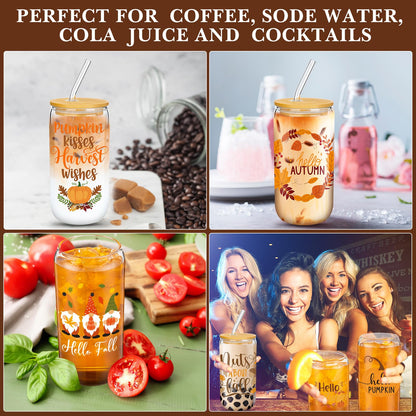 Umigy 12 Pack Fall Drinking Glasses Bulk 16oz Fall Ice Coffee Cups Pumpkin Glass Mug Jars with Bamboo Lid Straw Halloween Cups Thanksgiving Glassware Drinking Tumbler for Autumn Harvest Gifts