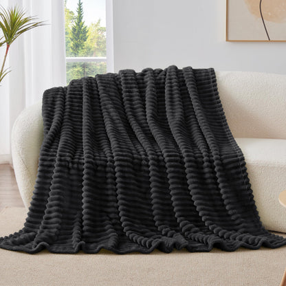 BEDELITE Fleece Black Throw Blanket for Couch - 300GSM Soft & Warm Fluffy Black Blanket, Decorative and Giftable Striped Blankets for Women, Men, 50"x60"