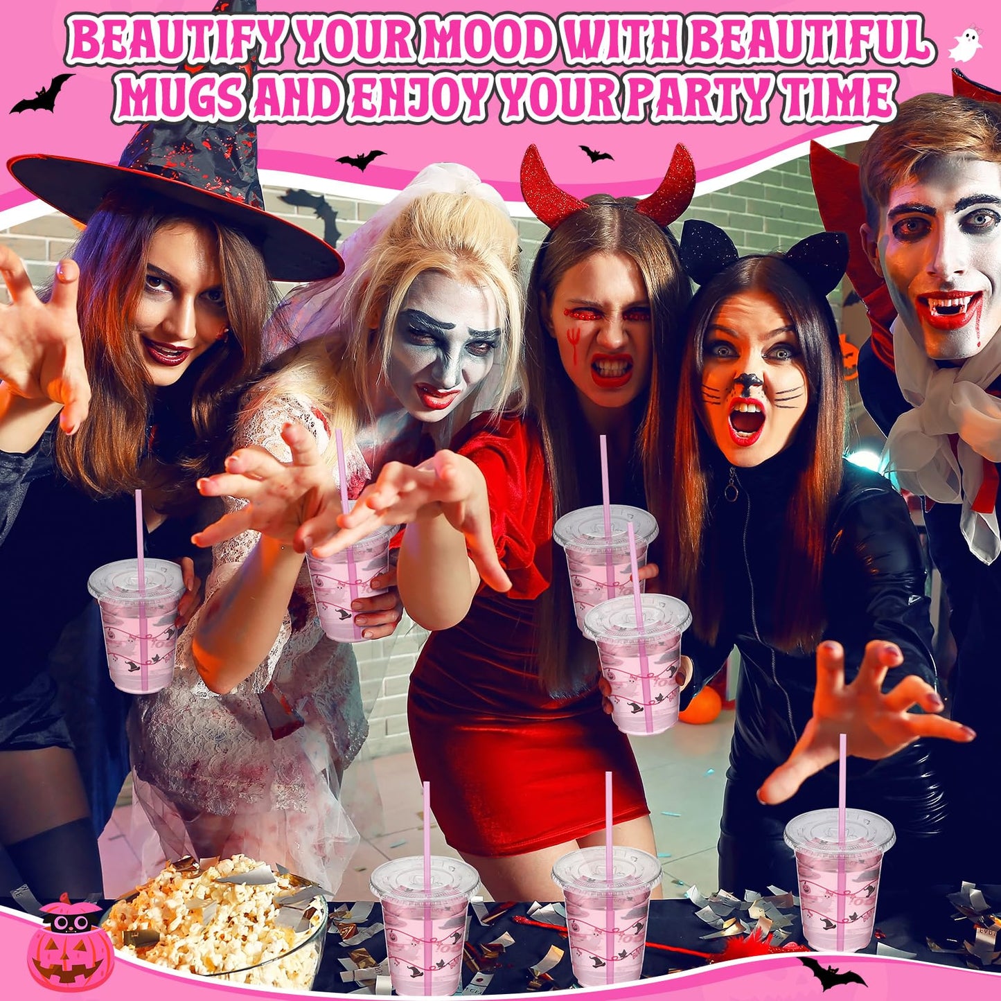 LemonRoad 50 Pcs 12oz Halloween Plastic Cups with Straws and Lids, Disposable Clear Party Cups Pumpkin Ghost Witch Drinking Set for Halloween Birthday Party Favors Supplies (Pink,Novel Style)