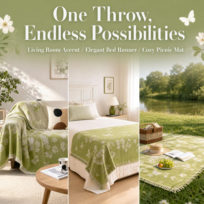 UWWGKK Oversized Chenille Couch Cover Green Butterfly Reversible Sofa Slipcover with Tassel, Heavyweight Sectional Furniture Protector Blanket for Large Dogs, Washable Throw for 3 4 Seat