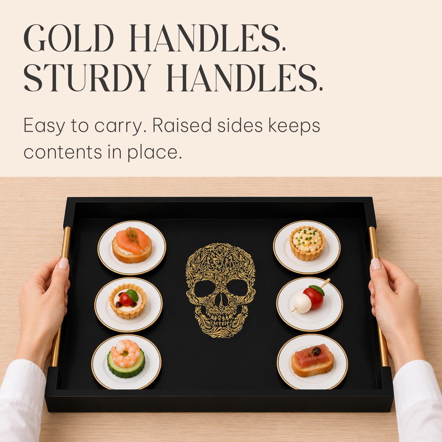 Gothic Skull Serving Tray with Gold Handles – Black Gloss Wooden Ottoman Tray for Coffee Table, Bar, or Kitchen – Elegant Gothic Decor & Unique Gift for Halloween, Horror & Alternative Style Lovers