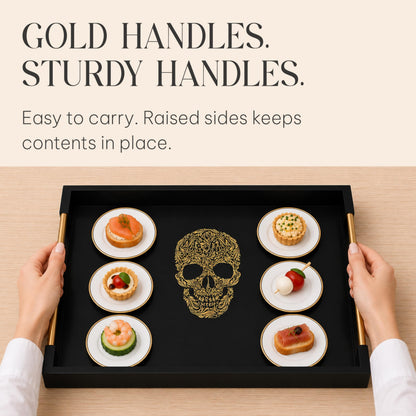 Gothic Skull Serving Tray with Gold Handles – Black Gloss Wooden Ottoman Tray for Coffee Table, Bar, or Kitchen – Elegant Gothic Decor & Unique Gift for Halloween, Horror & Alternative Style Lovers