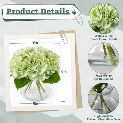 AMORISE Real Touch Artificial Hydrangea in Vase,Premium Faux Flowers with Faux Water for Home Decoration,Coffee Table,Wedding,Green Fake Hydrangea with Vase for DIY Floral Arrangements