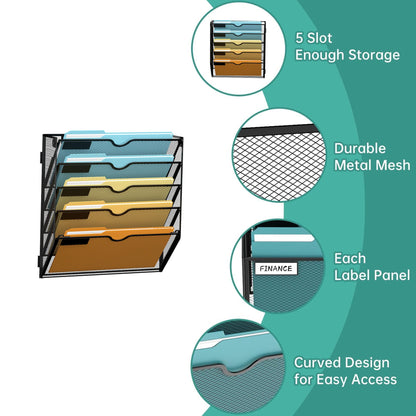 SUPEASY 5 Tier Wall File Organizer, Hanging Wall Mounted Mail Organizer with Label Slots, Metal Mesh File Holder Magazine Rack for Office, Home, School or Classroom, Black
