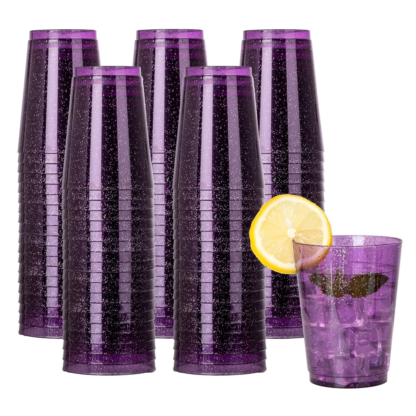 DaYammi 100 Pack 10 oz Purple Plastic Cups- Disposable Cups Tumblers, Elegant Purple Glitter Party Drinking Cup Perfect for Wedding Purple cups Perfect for Party Wedding Bridal Shower