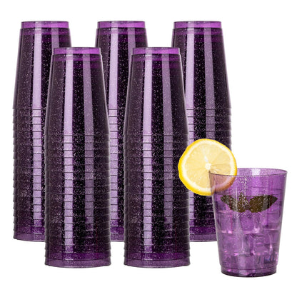 DaYammi 100 Pack 10 oz Purple Plastic Cups- Disposable Cups Tumblers, Elegant Purple Glitter Party Drinking Cup Perfect for Wedding Purple cups Perfect for Party Wedding Bridal Shower