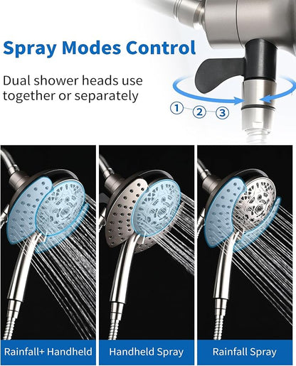 INAVAMZ Shower Head with Handheld High Pressure: Hand Held Shower Head & Rain Shower Head 2-IN-1 Shower Head with 59" Rotatable Stainless Steel Hose, Shower Trim Systems, Nickel 2.5 GPM 15391