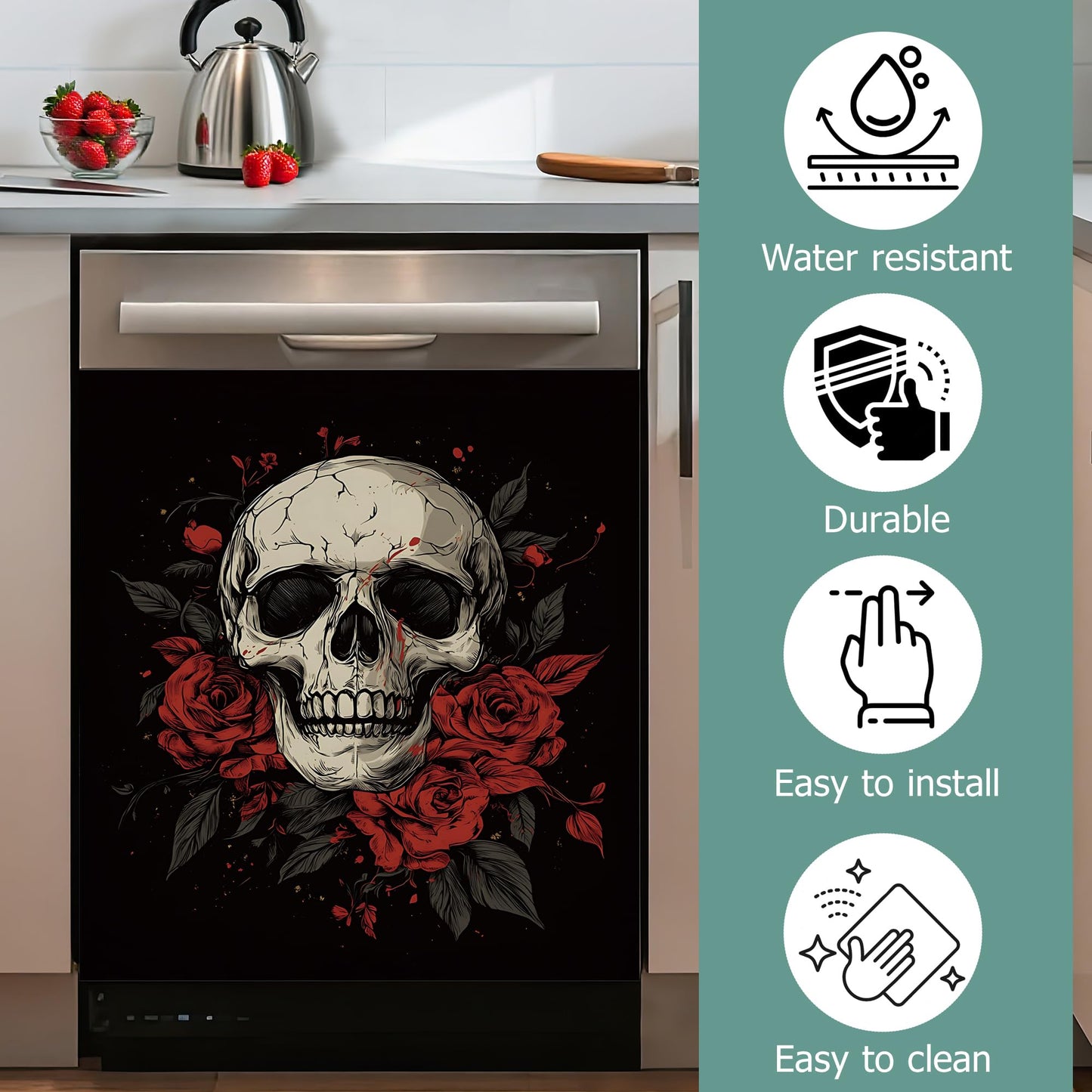 Gothic Skull Dishwasher Magnets Decorative Cover,Halloween Red Rose Flower Waterproof Magnetic Dishwasher Cover Panel,Refrigerator Magnet Cover for Kitchen Home Decor 23x26 Inch
