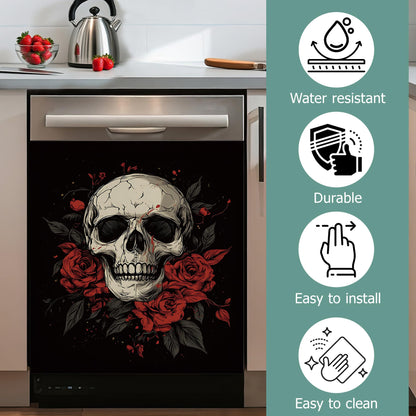Gothic Skull Dishwasher Magnets Decorative Cover,Halloween Red Rose Flower Waterproof Magnetic Dishwasher Cover Panel,Refrigerator Magnet Cover for Kitchen Home Decor 23x26 Inch