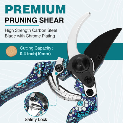 WORKPRO Aluminum Garden Tool Set, 4PCS Heavy Duty Hand Garden Tools with Box Include Trowel, Rake, Pruner, Garden Gloves, Blue Floral, Garden Gifts