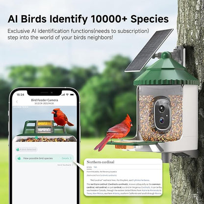 Loatos Bird Feeder with Camera AI Identify 2K Live Video Smart Bird Feeder with Camera, 2.4GHZ WiFi Solar Birds House Cameras, Motion Detection Instant Arrival Alerts, Ideal Present for Birds Lovers