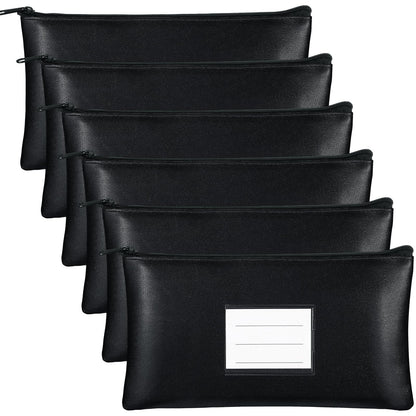 Paterr 6 Pcs Money Bags with Zipper PU Leather Deposit Bank Bag Security Money Pouch Receipt Holder Bank Pouch Wallet with Label for Cash Coin Makeup Cosmetics Bills Tickets, 11 x 6 Inch(Black)