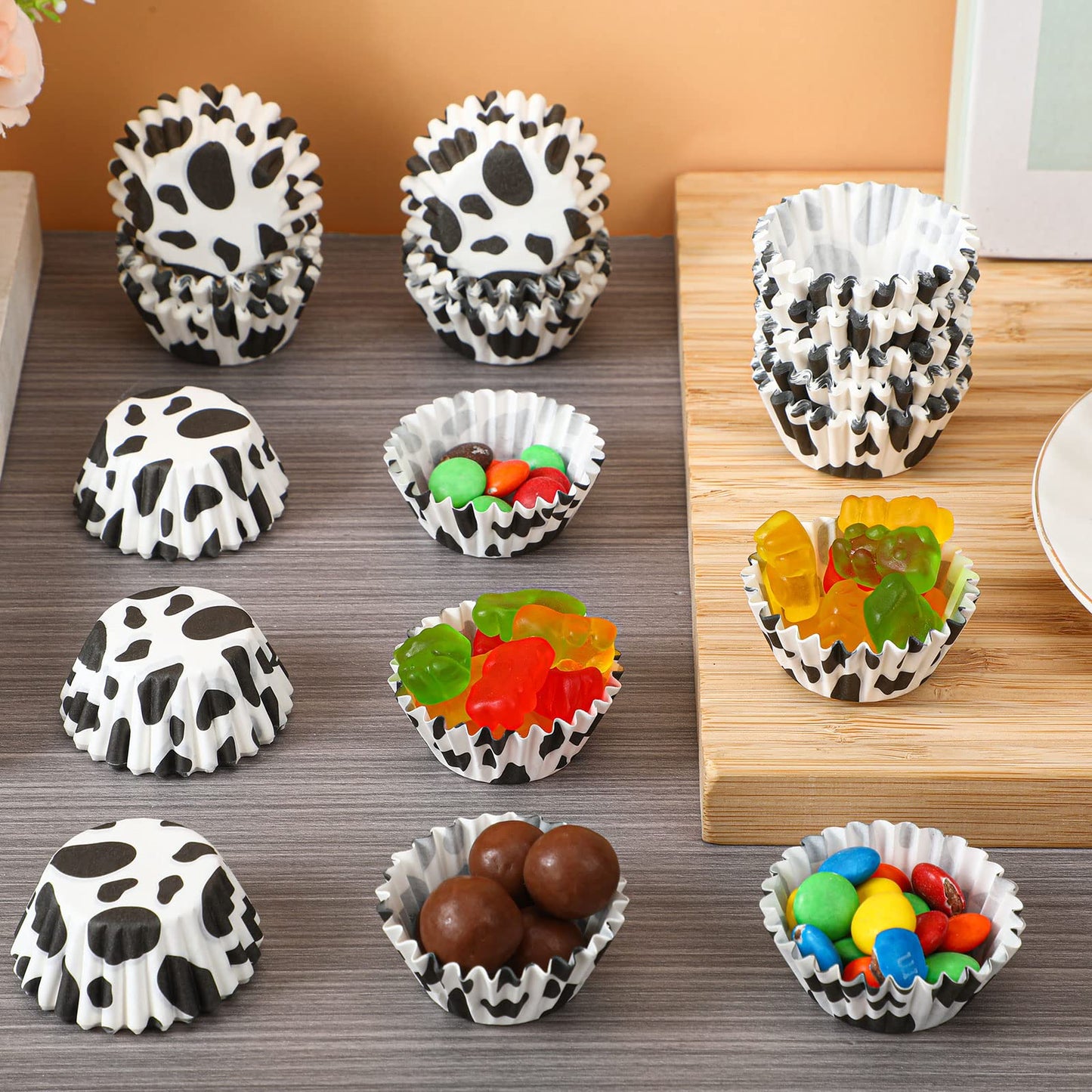 Pinkunn 600 Pcs Cow Print Paper Cupcake Liners Mini Cupcake Liners Muffin Baking Cups Small Candy Cups Making Supplies for Birthday Shower Theme Graduation Party Decoration