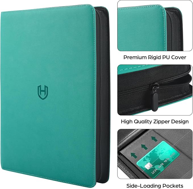 Card Binder 16 Pocket with Zipper, 1024 Pockets Trading Card Holder Book, Premium PU Cover Zip Folder Binder, Side Loading Carrying Case Binder Album for TCG, MTG, Sports Cards, Game Cards