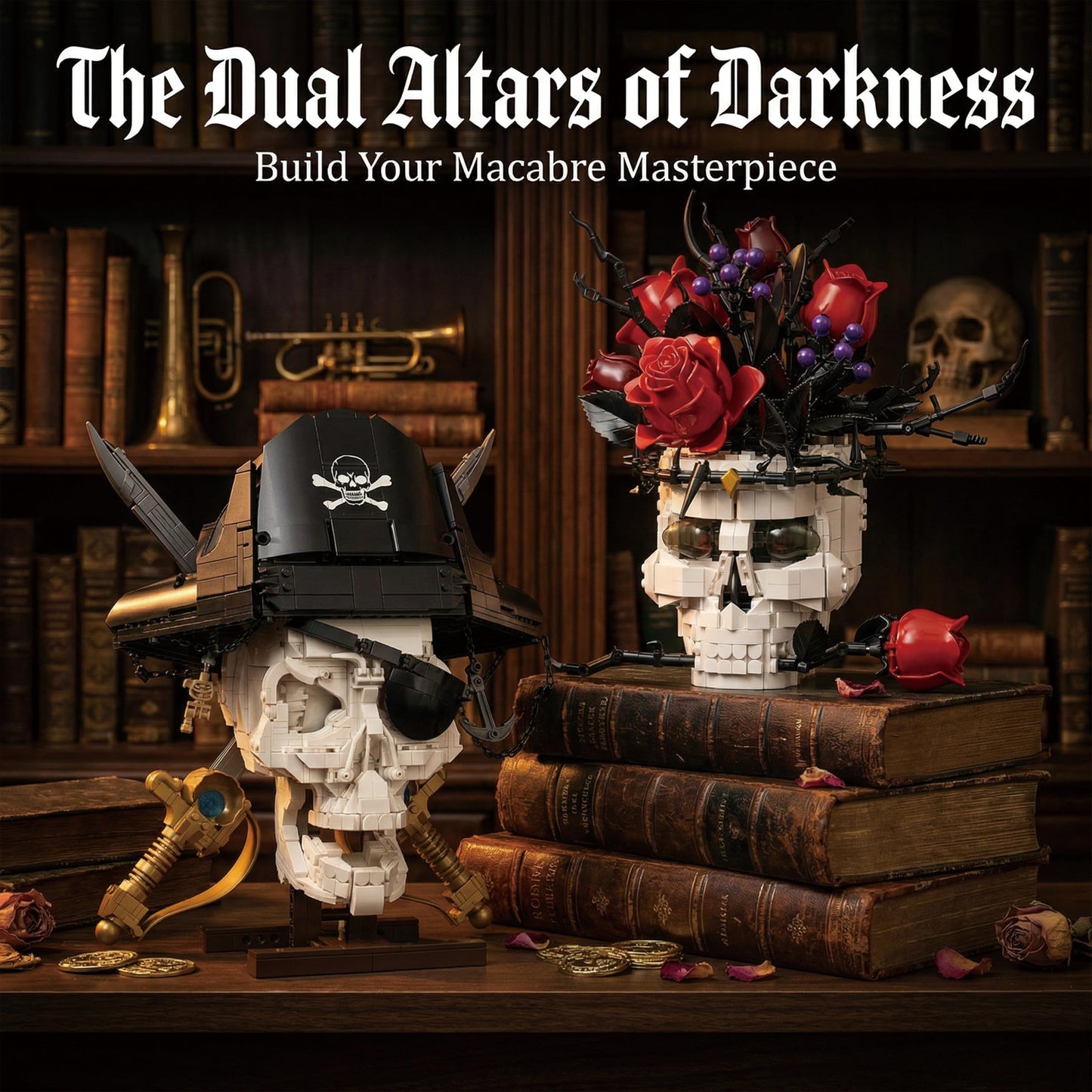Holexapyd Gothic Skull Roses Flower Building Set for Adults, Horror Botanical Skeleton Pot Home Table Decor, Cool Unique Collectible Halloween & Valentine's Day Gifts with Box (1376 PCS)