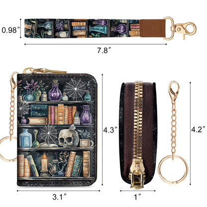 Credit Card Holder Small Wallets Woman, Goth Gothic RFID Wallet Keychain Wristlet for Women Zipper Lanyard, Funny Skull Bookshelf PU Leather Accordion Card Case Organizer Purse Witchy Gifts Ladies