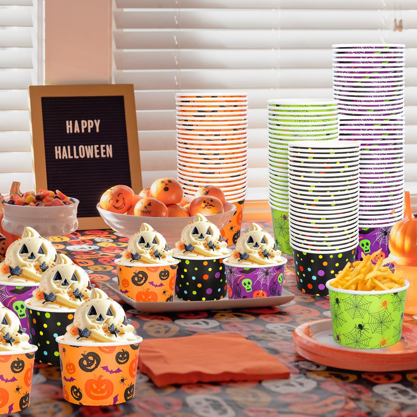 JarThenaAMCS 100 Pcs Halloween Snack Cups Pumpkin Skull Spider Web Dots Disposable Bowls 9oz Ice Cream Dessert Treat Paper Bowls for Hot Iced Food Birthday Trick or Treat Party Supplies