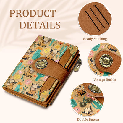 Icycay Highland Cow Small Wallet Women RFID Blocking Bifold, Cute Credit Card Holder, Zipper Coin Pocket, PU Leather, Compact, Travel, 4 ID Window, 14 Card Slots, Cash Purse, Ladies Woman