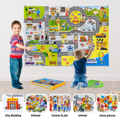 Transportation Felt Story Board Set ,40*28in Flannel Board for Wall ,95 Felt Pieces,Preschool Storytelling ,Vehicles,Career Image Dress-Up,Zoo Learning Interactive,for 3 years +,Gift for Toddlers
