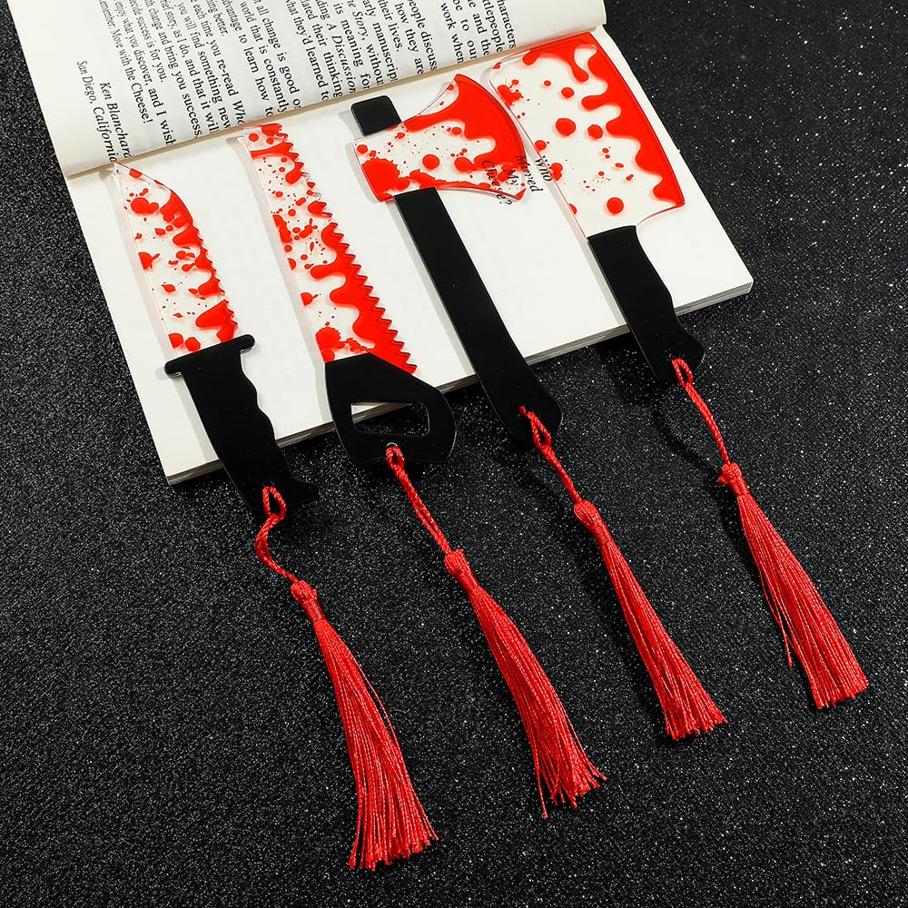 Horror Movie Knife Acrylic Bookmark, Gothic Character Dagger with Tassel,Book Lover Book Mark Halloween Gift (6PC Red Knife)