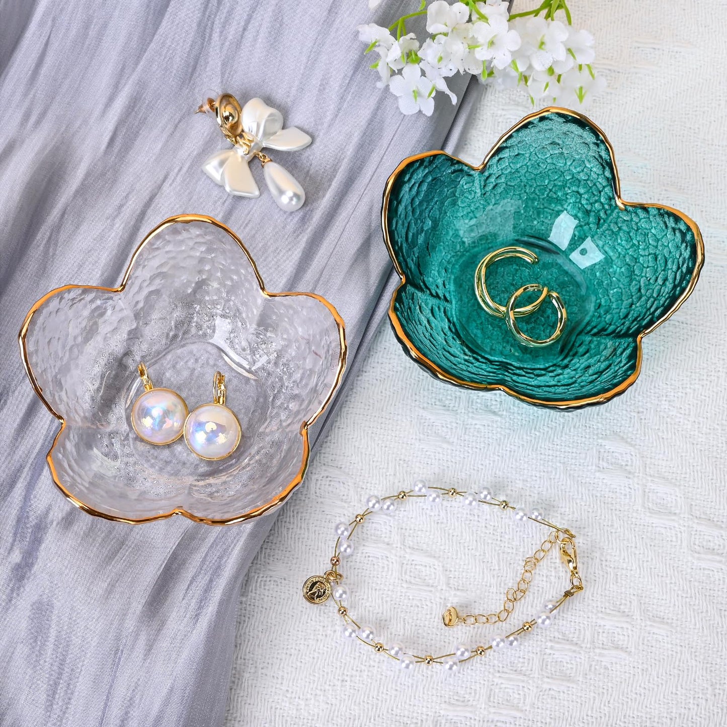 Koythin 3-Piece Glass Jewelry Tray, Small Trinket Holder for Necklace Bracelet Earring, Ring Holders for Bathroom, Aesthetic Trinket Dish, Flower Nightstand Decor for Girl Mom (Transparent White)