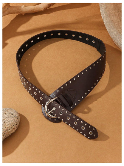 Verdusa Women's Studded Belts Y2k Belt Punk PU Leather Vintage Rave Western Cowgirl Belts Coffee One Size