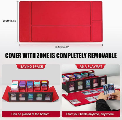 Trading Card Storage Box with Commander Display , 5-Row Deck Case with Removable Lid; 3900+ Card Deck Box for MTG TCG Sports Card, 5 Top Loaders, 5 Stoppers, 48 Dividers,1 Dice Tray (Black Red)