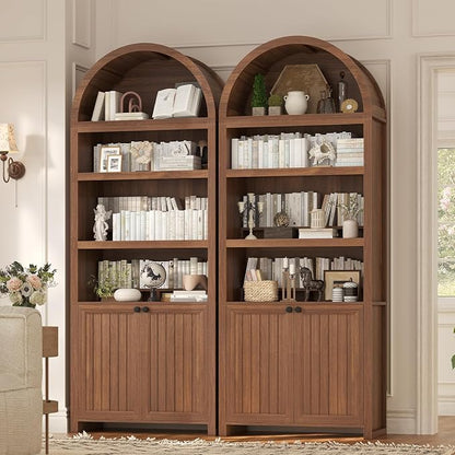 81" Tall Arched Cabinets,Bookcase with storage,Mid-Century Modern 6-Tier Bookshelf with Door,2 Book Risers and Adjustable Shelves offering more storage space for Living Room,Kitchen,Home Office,Brown
