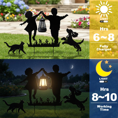 BVLFOOK Solar Garden Stakes with LED Lantern, Metal Silhouette Children and Pets Design, 12 x 4 x 10 Inches, Iron Construction, 3 Piece Set for Outdoor Yard Decor