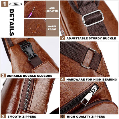 Peicees Leather Sling Bag Mens Crossbody Chest Bag Sling Backpack with USB Charge Port