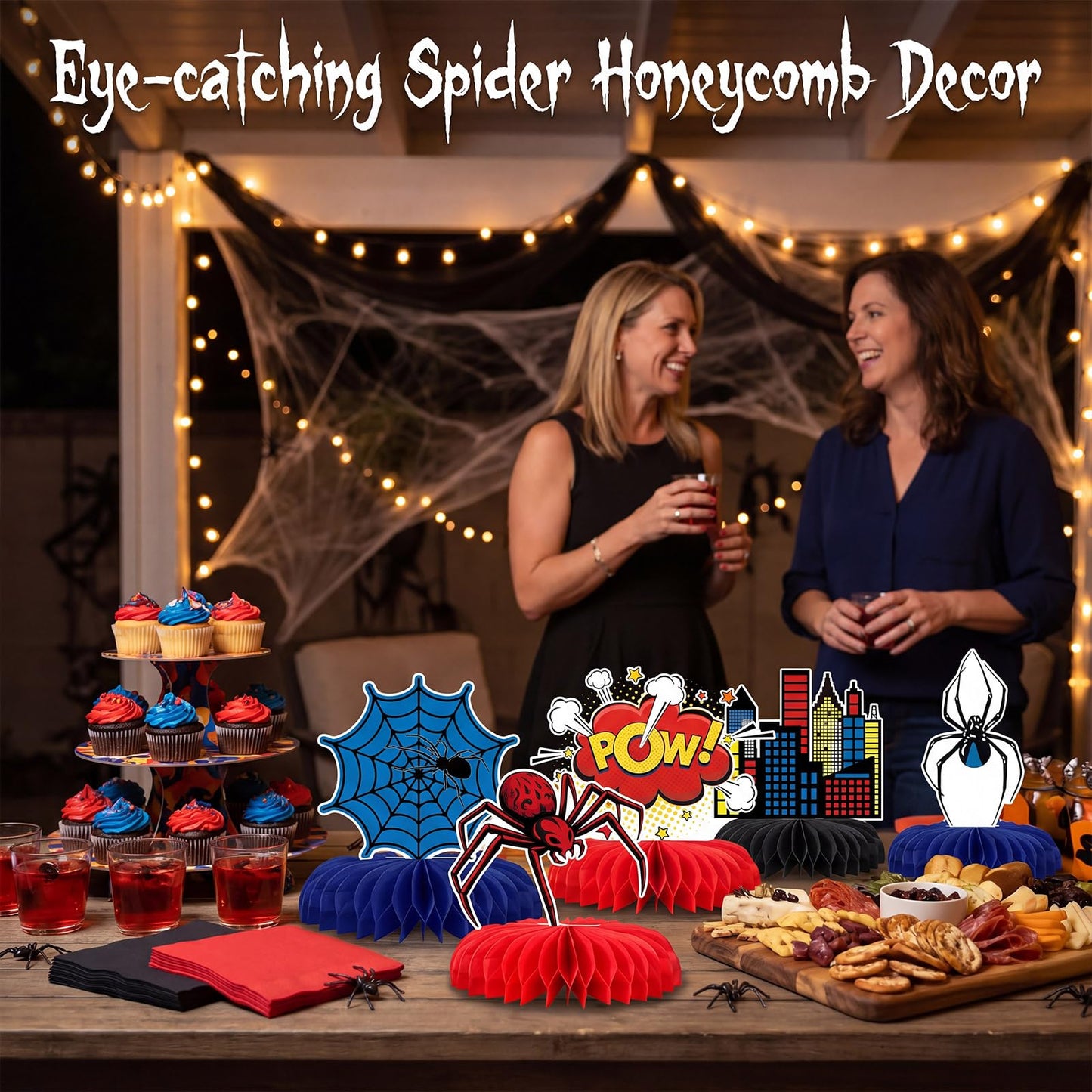 Pajean 12 Pcs Spider Honeycomb Centerpieces for Hero Birthday Party Decorations, 3D Heroic Comic Theme Table Toppers, Red Blue Spider Web Cityscape Paper Decor for Action Event Cake Table Supplies